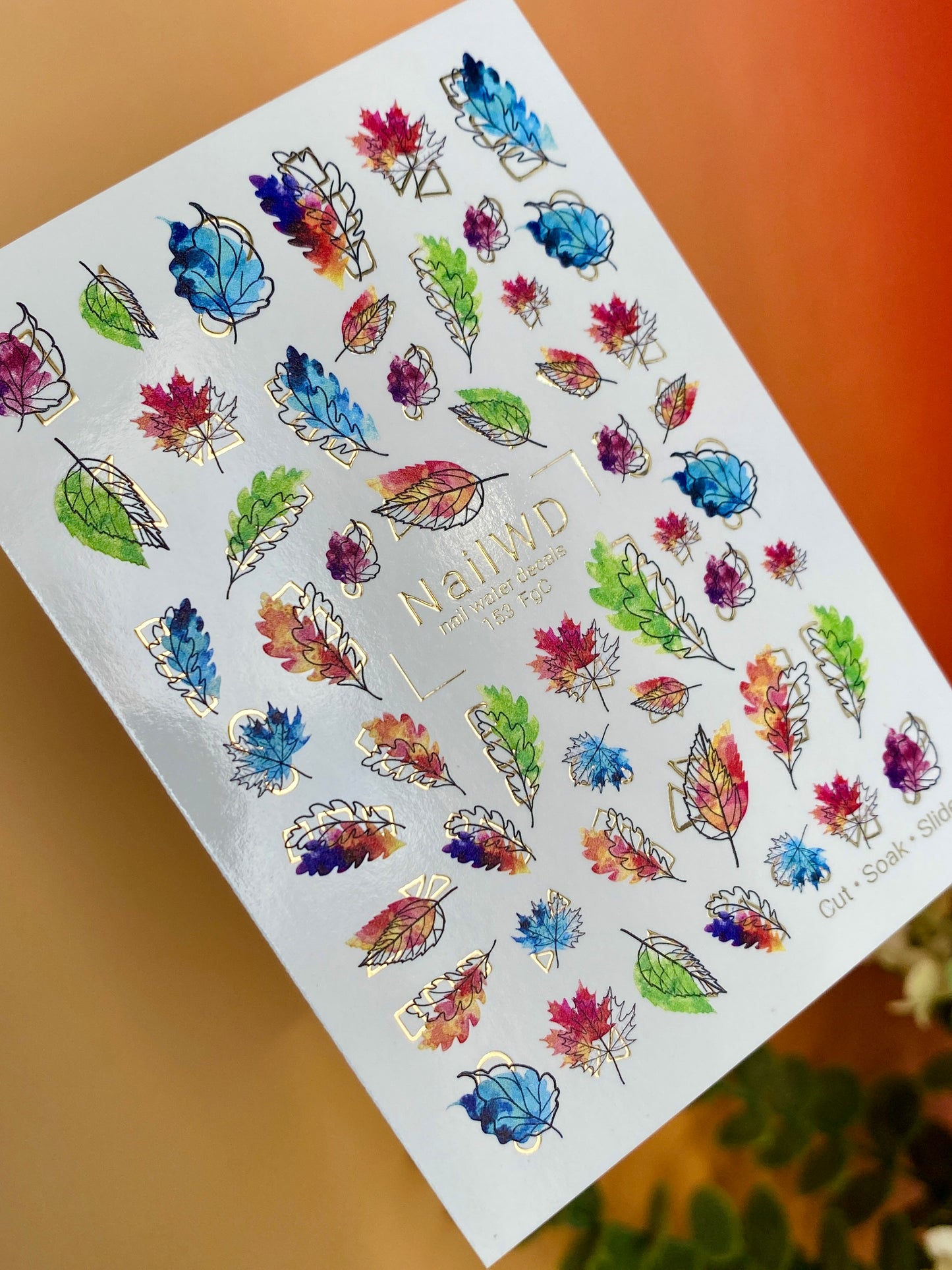 Nail Water Decal 153 Nail WD | Water Slide Nail Decals Autumn Rainbow Leaves | Colorful Nail Water Decals