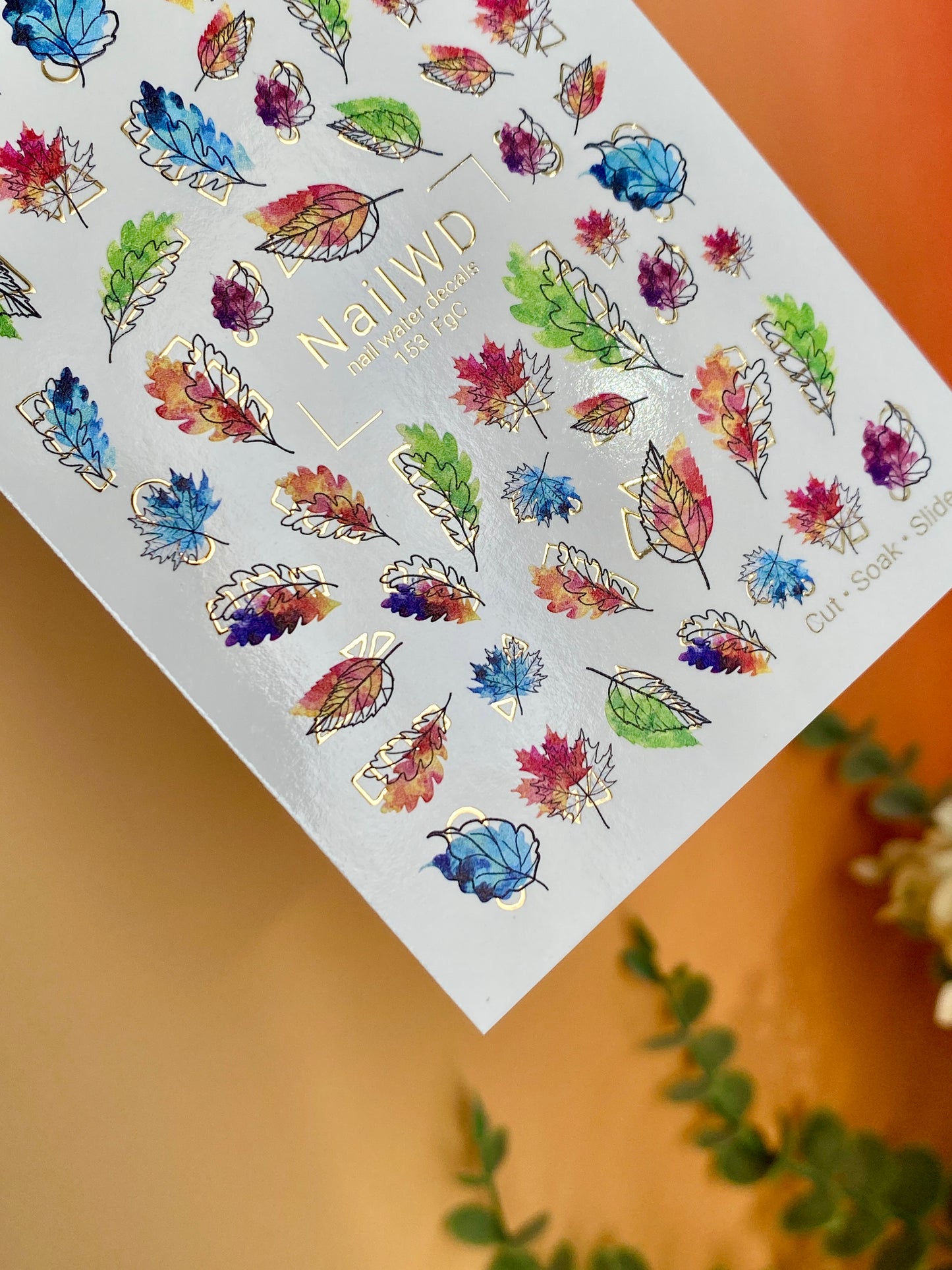 Nail Water Decal 153 Nail WD | Water Slide Nail Decals Autumn Rainbow Leaves | Colorful Nail Water Decals