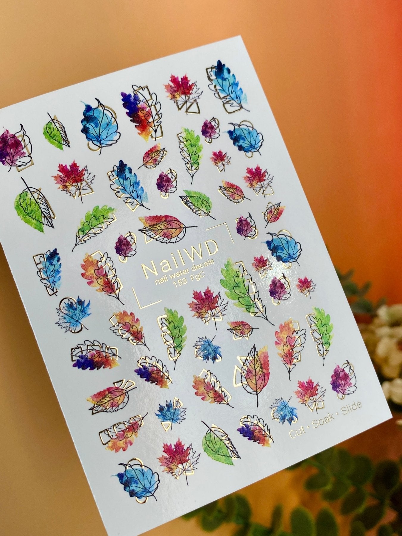 Nail Water Decal 153 Nail WD | Water Slide Nail Decals Autumn Rainbow Leaves | Colorful Nail Water Decals