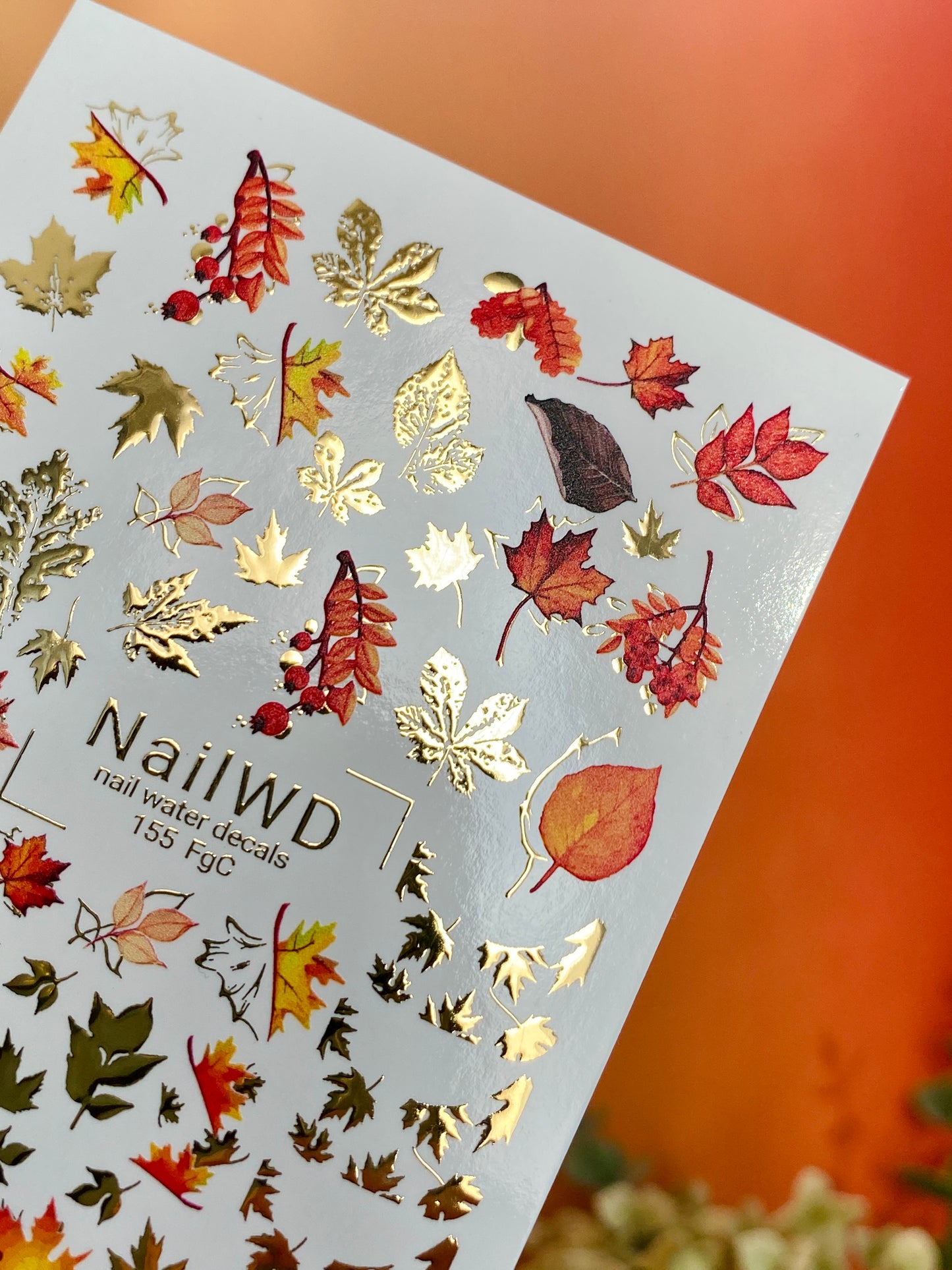 Nail Water Decal 155 Nail WD | Water Slide Nail Decals Autumn Leaves Gold & Red | Nail Water Decals Fall Leaf Design