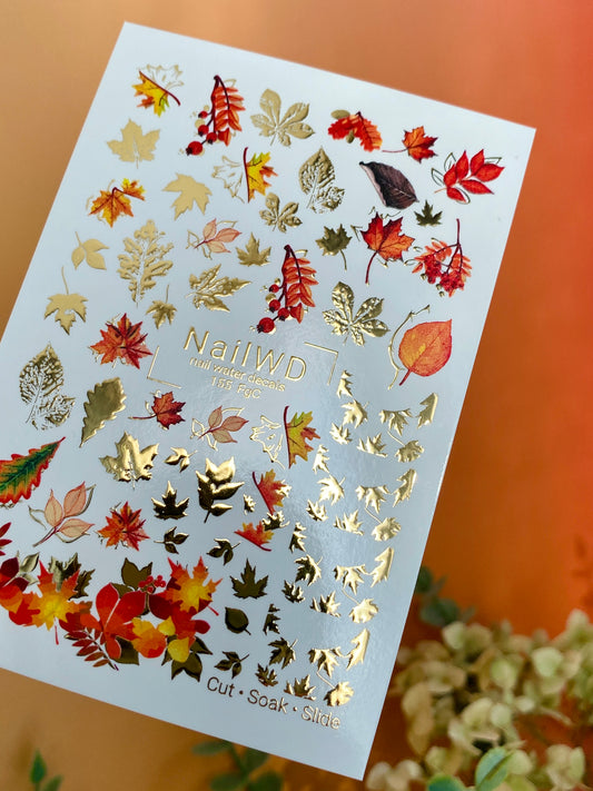 Nail Water Decal 155 Nail WD | Water Slide Nail Decals Autumn Leaves Gold & Red | Nail Water Decals Fall Leaf Design