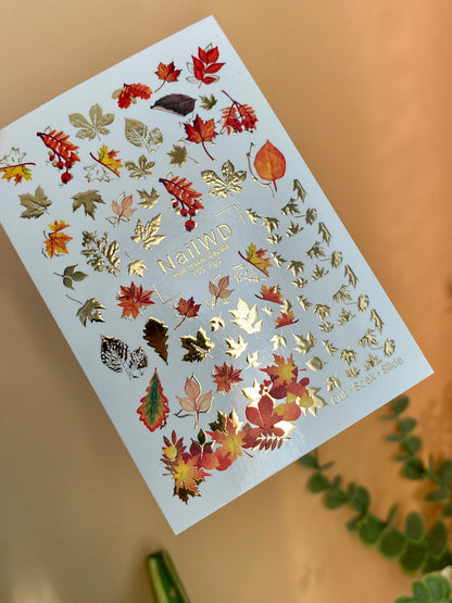 Nail Water Decal 155 Nail WD | Water Slide Nail Decals Autumn Leaves Gold & Red | Nail Water Decals Fall Leaf Design