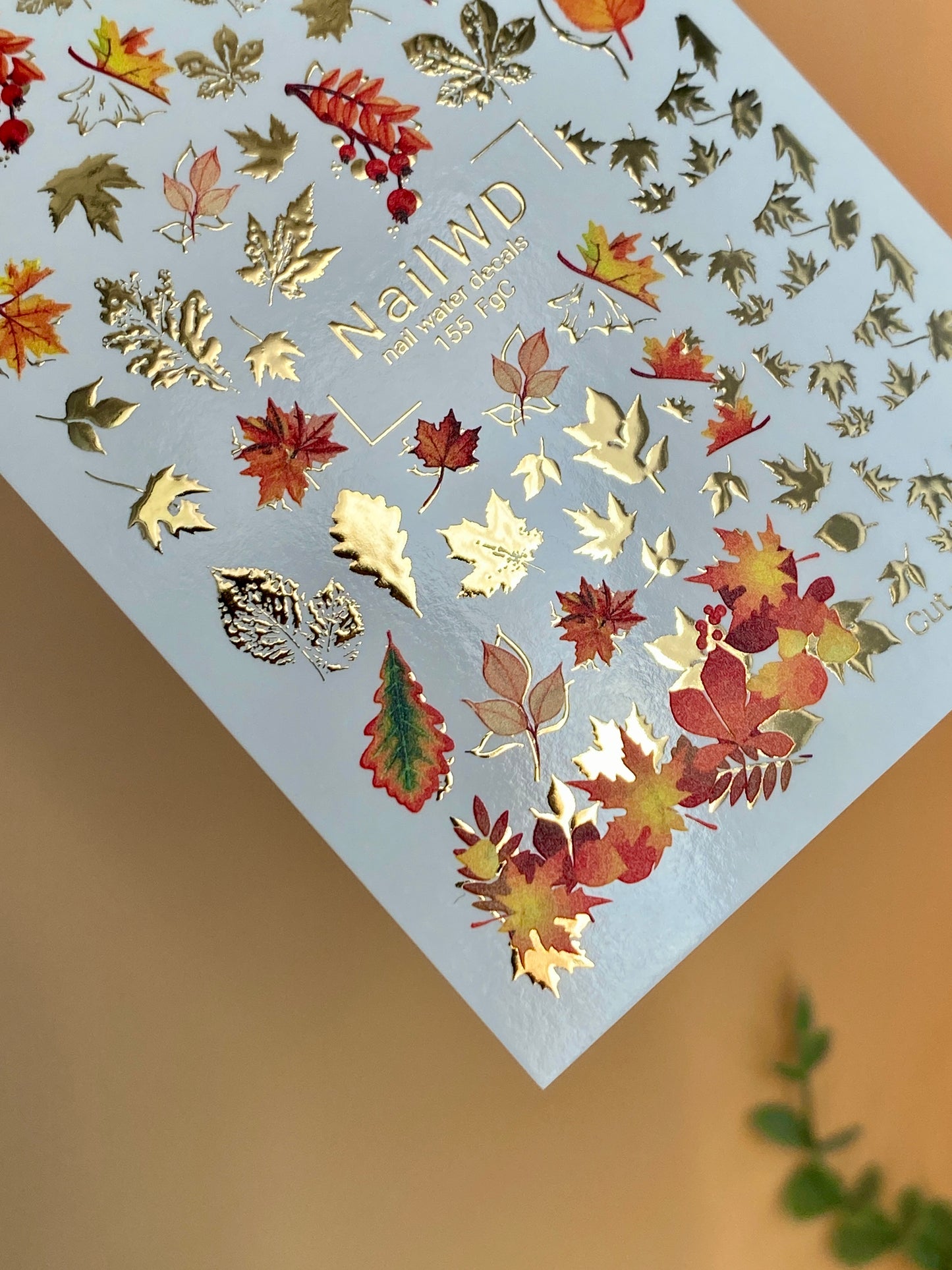 Nail Water Decal 155 Nail WD | Water Slide Nail Decals Autumn Leaves Gold & Red | Nail Water Decals Fall Leaf Design