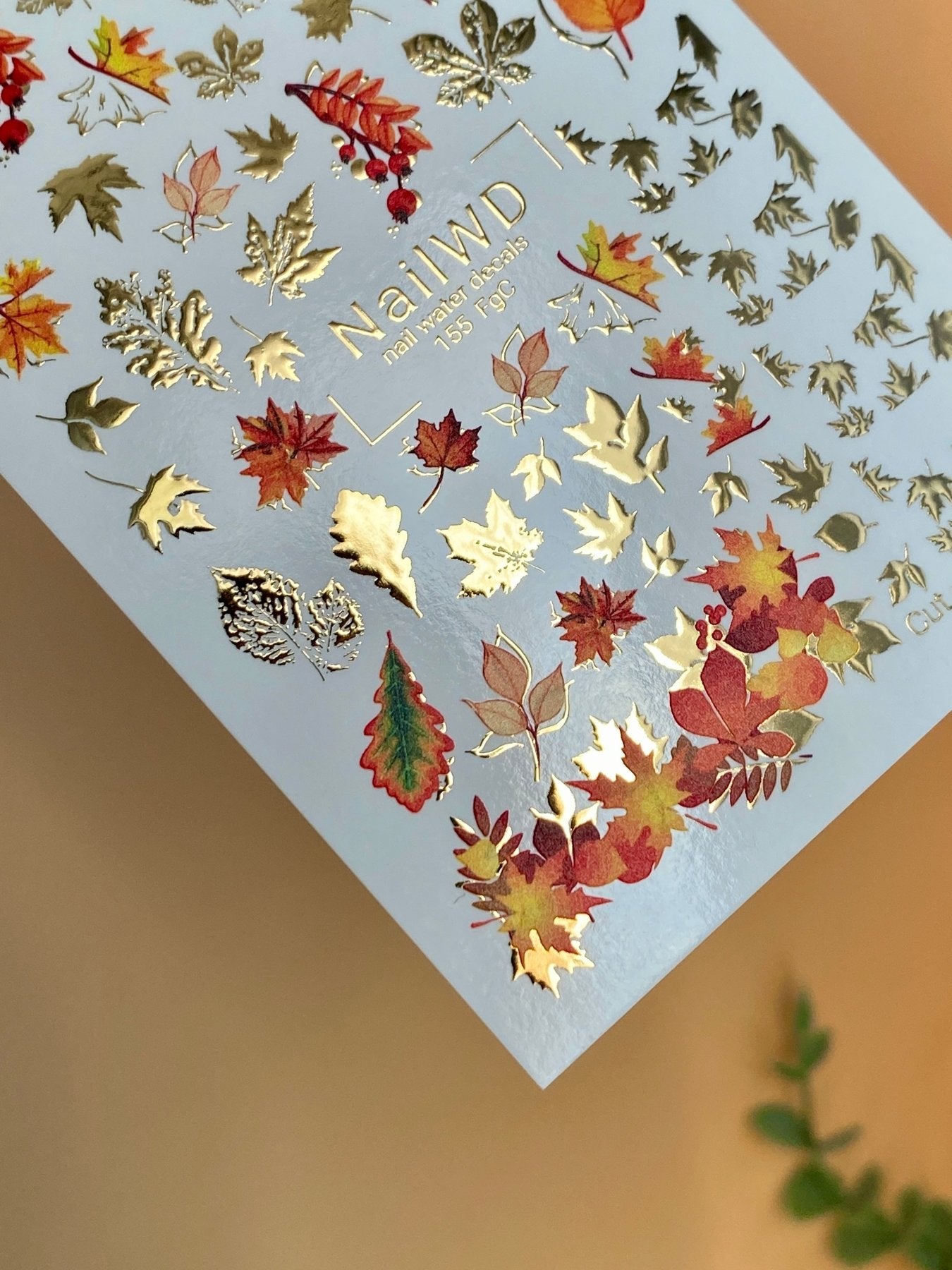 Nail Water Decal 155 Nail WD | Water Slide Nail Decals Autumn Leaves Gold & Red | Nail Water Decals Fall Leaf Design