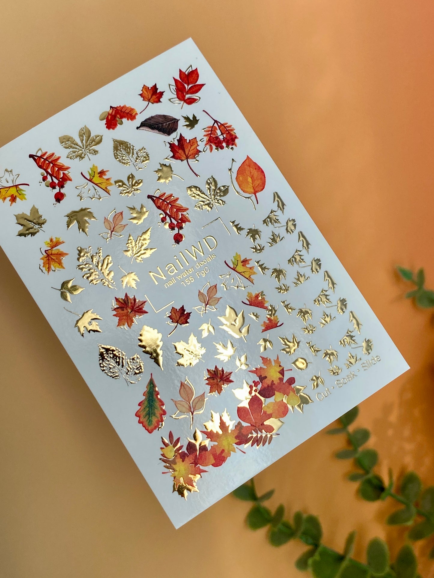 Nail Water Decal 155 Nail WD | Water Slide Nail Decals Autumn Leaves Gold & Red | Nail Water Decals Fall Leaf Design