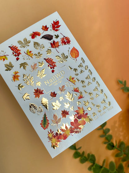 Nail Water Decal 155 Nail WD | Water Slide Nail Decals Autumn Leaves Gold & Red | Nail Water Decals Fall Leaf Design