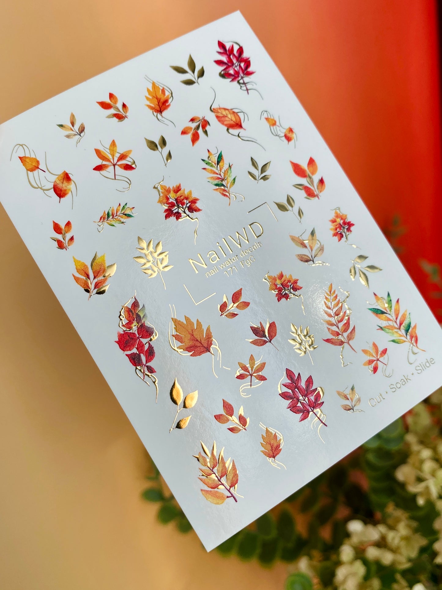 Nail Water Decal 171 Nail WD | Water Slide Nail Decals Autumn Leaves & Gold Accents | Nail Water Decals Fall Foliage Design