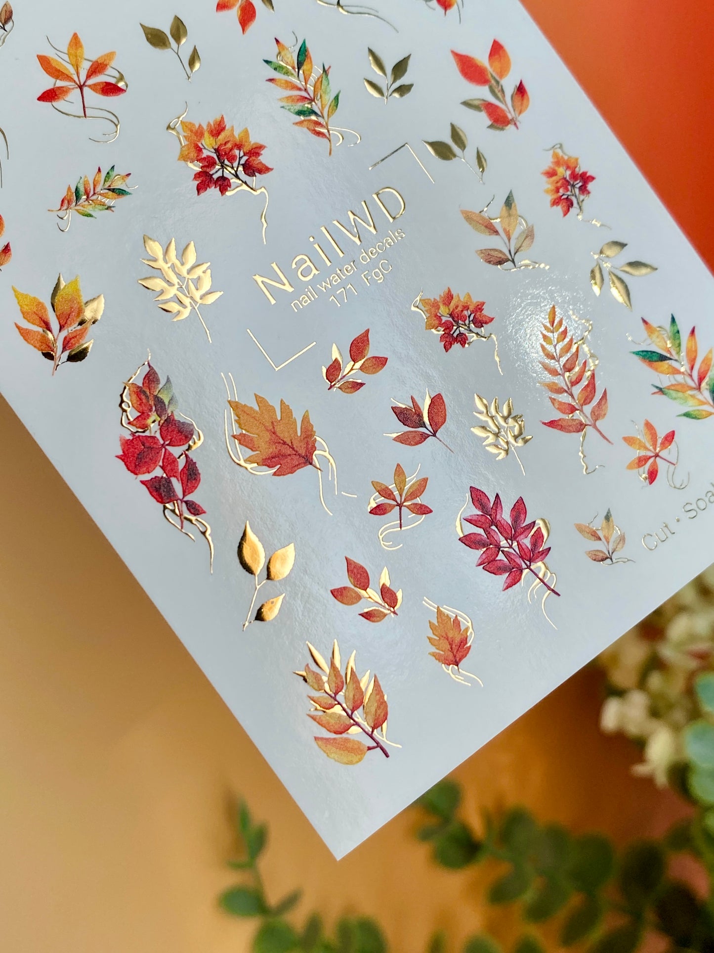 Nail Water Decal 171 Nail WD | Water Slide Nail Decals Autumn Leaves & Gold Accents | Nail Water Decals Fall Foliage Design