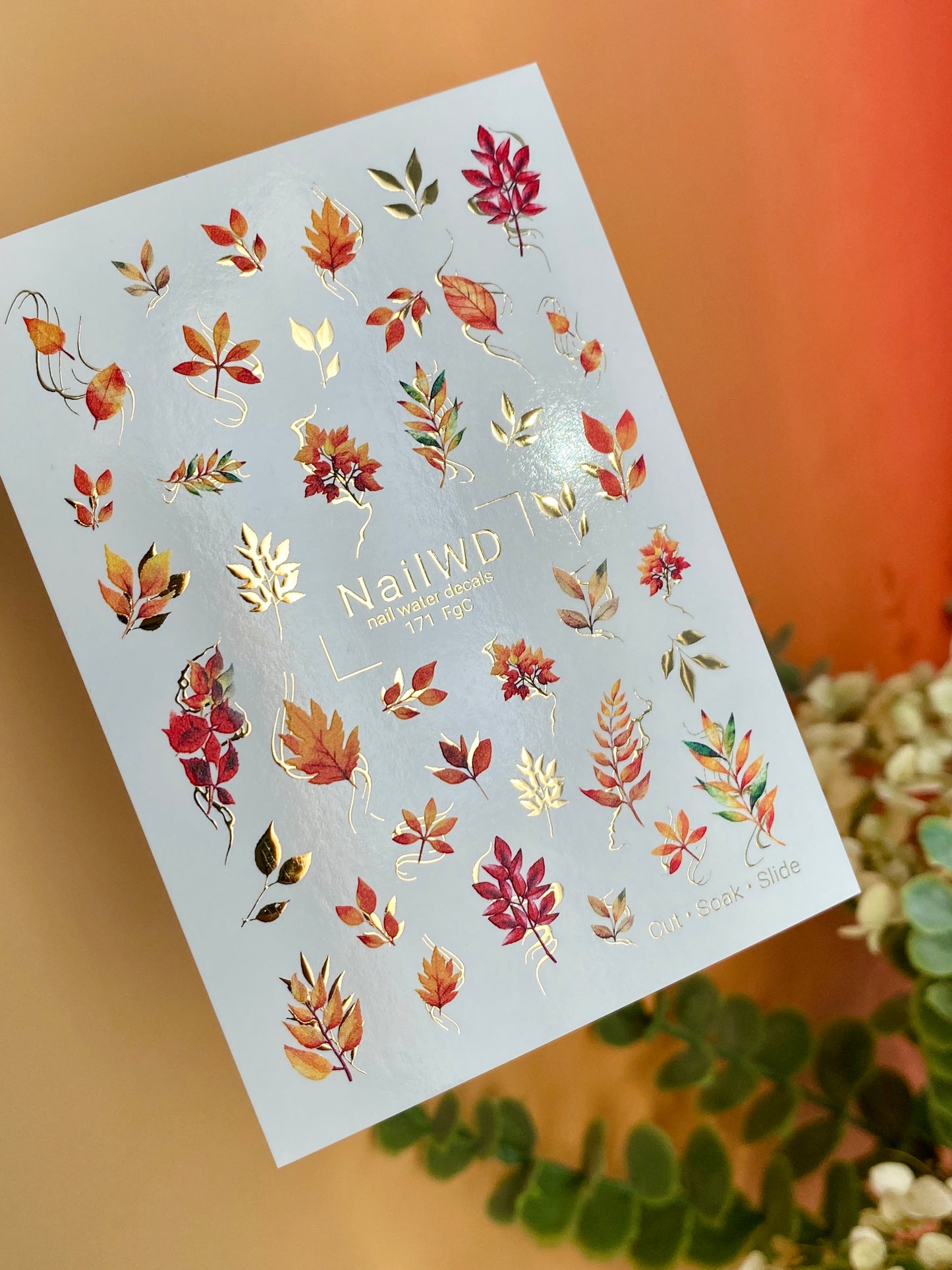 Nail Water Decal 171 Nail WD | Water Slide Nail Decals Autumn Leaves & Gold Accents | Nail Water Decals Fall Foliage Design