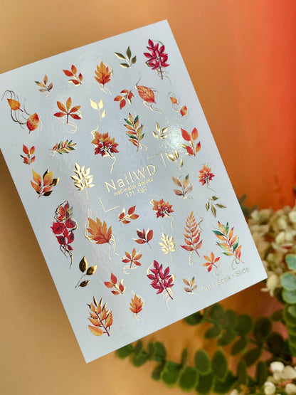 Nail Water Decal 171 Nail WD | Water Slide Nail Decals Autumn Leaves & Gold Accents | Nail Water Decals Fall Foliage Design