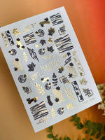 Nail Water Decal 128 NailWD | Water Slide Nail Decals Black & Gold | Autumn Leaves and Abstract Lines