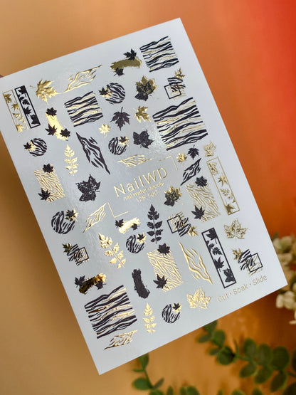 네일 워터 데칼 128 NailWD | 워터 슬라이드 네일 데칼 블랙 & 골드 | 가을 잎과 추상선