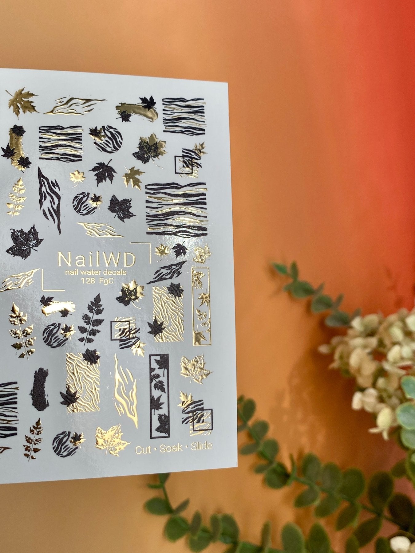 Nail Water Decal 128 NailWD | Water Slide Nail Decals Black & Gold | Autumn Leaves and Abstract Lines