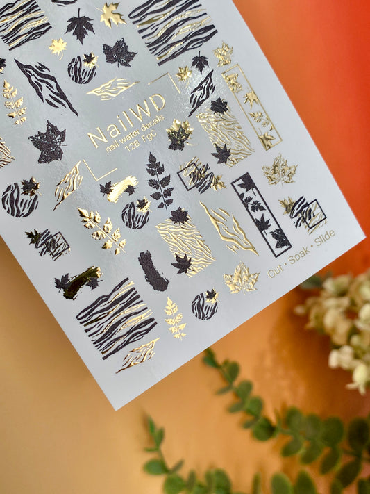 Nail Water Decal 128 NailWD | Water Slide Nail Decals Black & Gold | Autumn Leaves and Abstract Lines