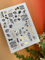 Nail Water Decal 128 NailWD | Water Slide Nail Decals Black & Gold | Autumn Leaves and Abstract Lines