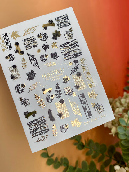 네일 워터 데칼 128 NailWD | 워터 슬라이드 네일 데칼 블랙 & 골드 | 가을 잎과 추상선