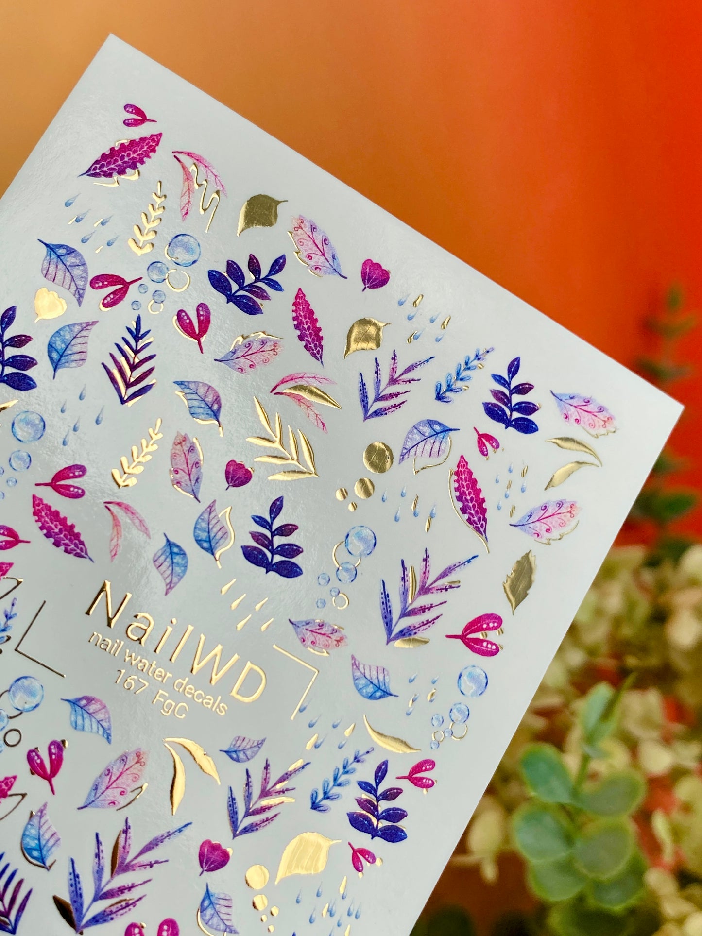 Nail Water Decal 167 Nail WD | Water Slide Nail Decals Colorful Leaves & Drops | Nail Water Decals Purple Blue Pink Design