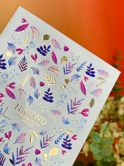 Nail Water Decal 167 Nail WD | Water Slide Nail Decals Colorful Leaves & Drops | Nail Water Decals Purple Blue Pink Design