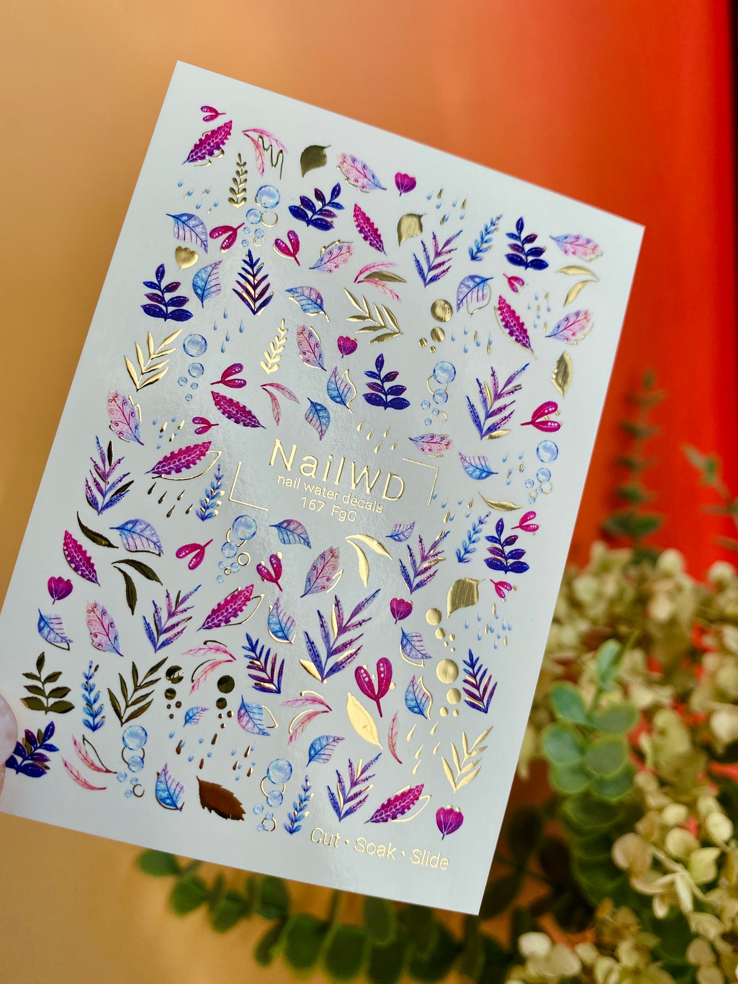 Nail Water Decal 167 Nail WD | Water Slide Nail Decals Colorful Leaves & Drops | Nail Water Decals Purple Blue Pink Design