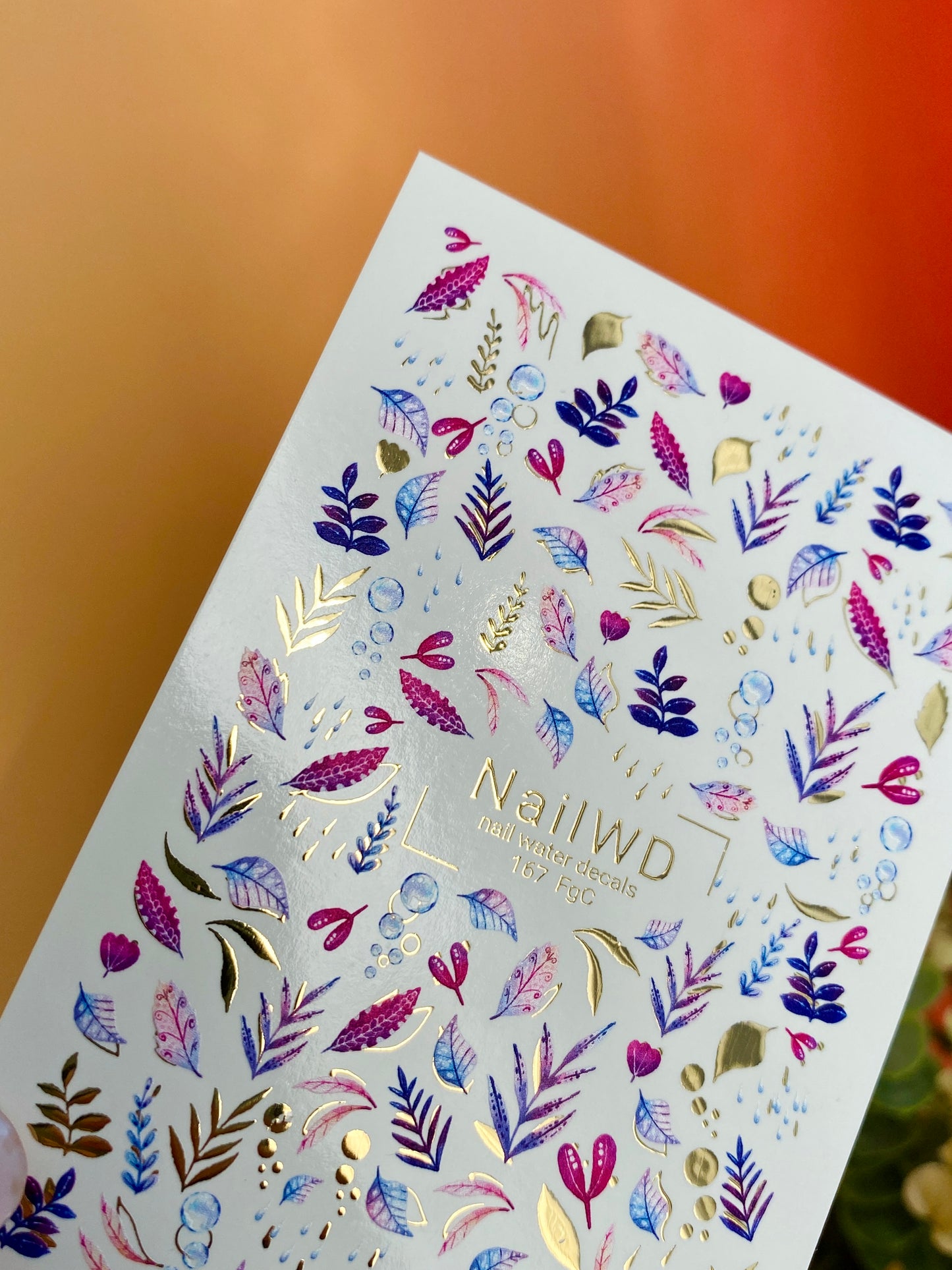 Nail Water Decal 167 Nail WD | Water Slide Nail Decals Colorful Leaves & Drops | Nail Water Decals Purple Blue Pink Design