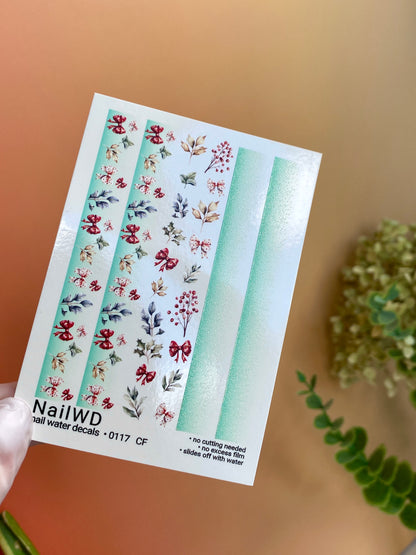 Nail Water Decal 117 NailWD | Water Slide Nail Decals Green Ombre with Christmas Berries | Festive Nail Art
