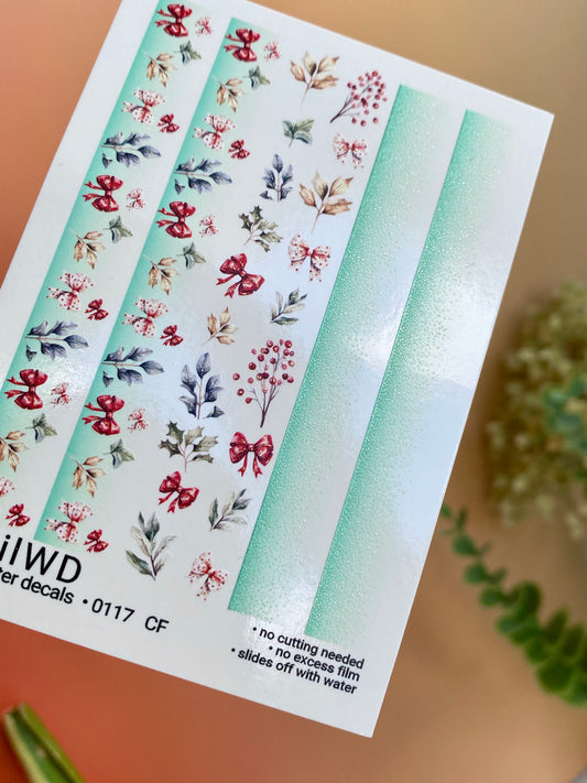 Nail Water Decal 117 NailWD | Water Slide Nail Decals Green Ombre with Christmas Berries | Festive Nail Art