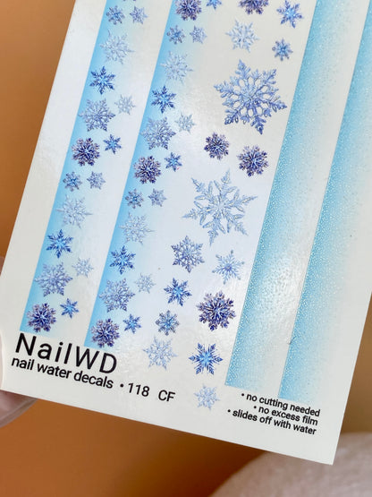 Nail Water Decal 118 NailWD | Water Slide Nail Decals Blue Ombre with Snowflakes | Winter Nail Art