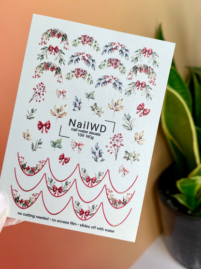 Nail Water Decal 109 NailWD | Nail Water Decals Christmas Berries | Festive Bows and Winter Nail Art