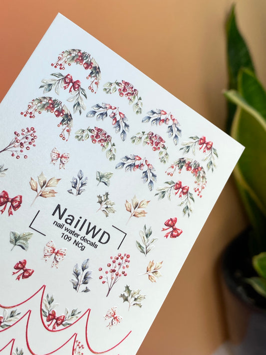 Nail Water Decal 109 NailWD | Nail Water Decals Christmas Berries | Festive Bows and Winter Nail Art