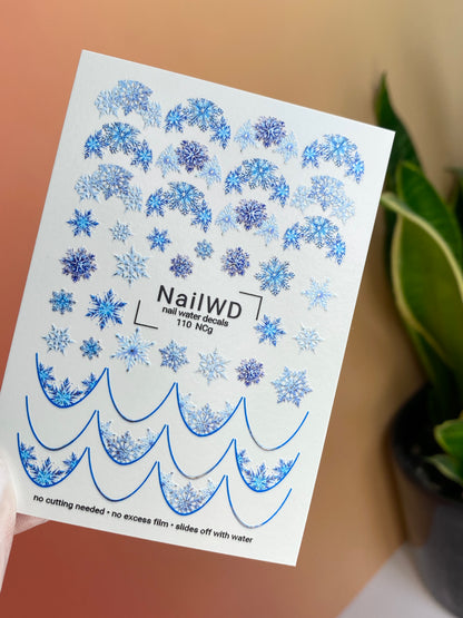 Nail Water Decal 110 NailWD | Water Slide Nail Decals Snowflakes | Winter Nail Art with Frosty Blue Accents