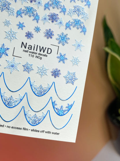 Nail Water Decal 110 NailWD | Water Slide Nail Decals Snowflakes | Winter Nail Art with Frosty Blue Accents