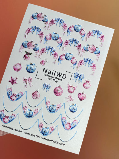 Nail Water Decal 112 NailWD | Water Slide Nail Decals Christmas Ornaments and Bows | Pastel Holiday Nail Art