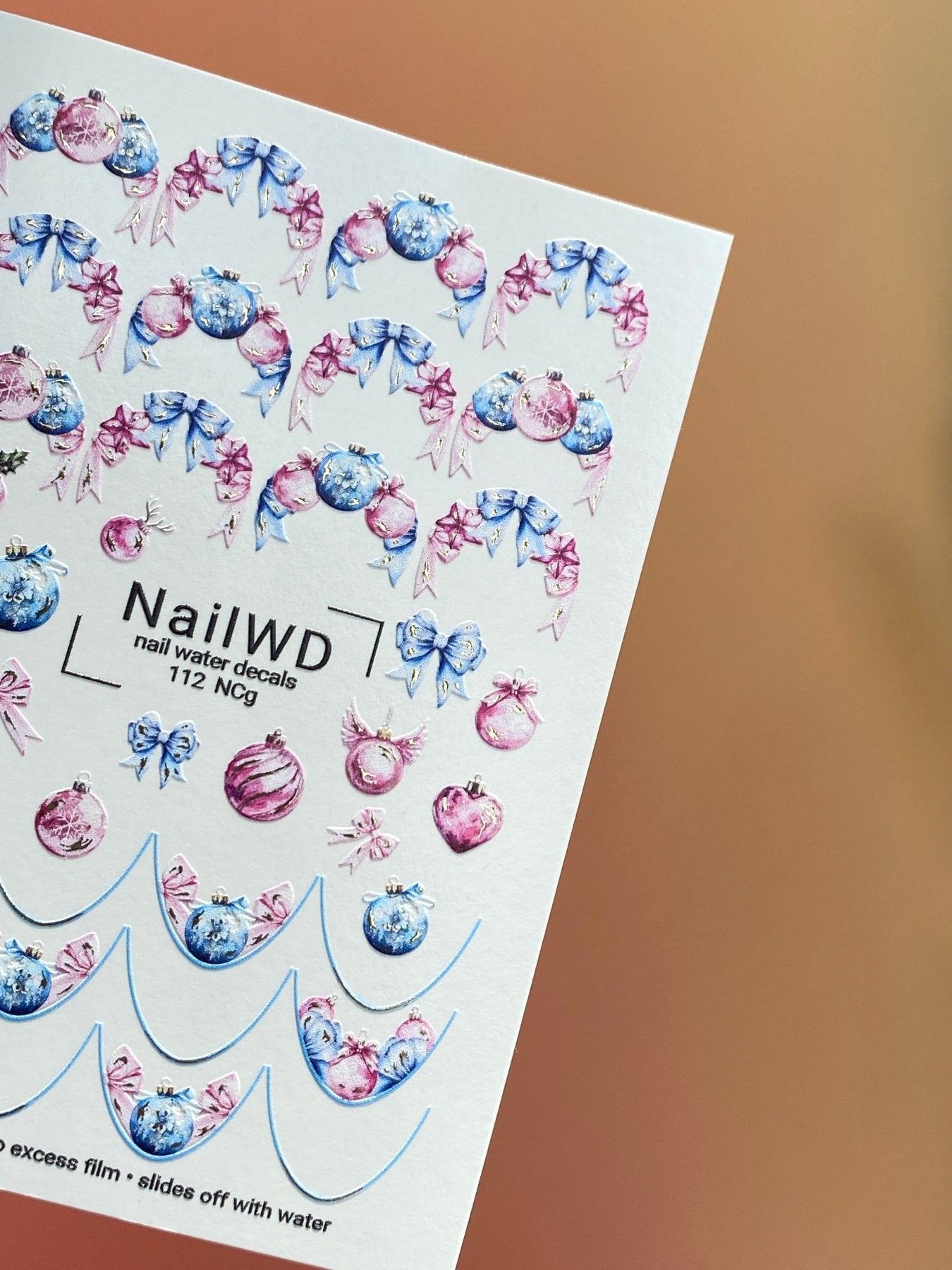 Nail Water Decal 112 NailWD | Water Slide Nail Decals Christmas Ornaments and Bows | Pastel Holiday Nail Art