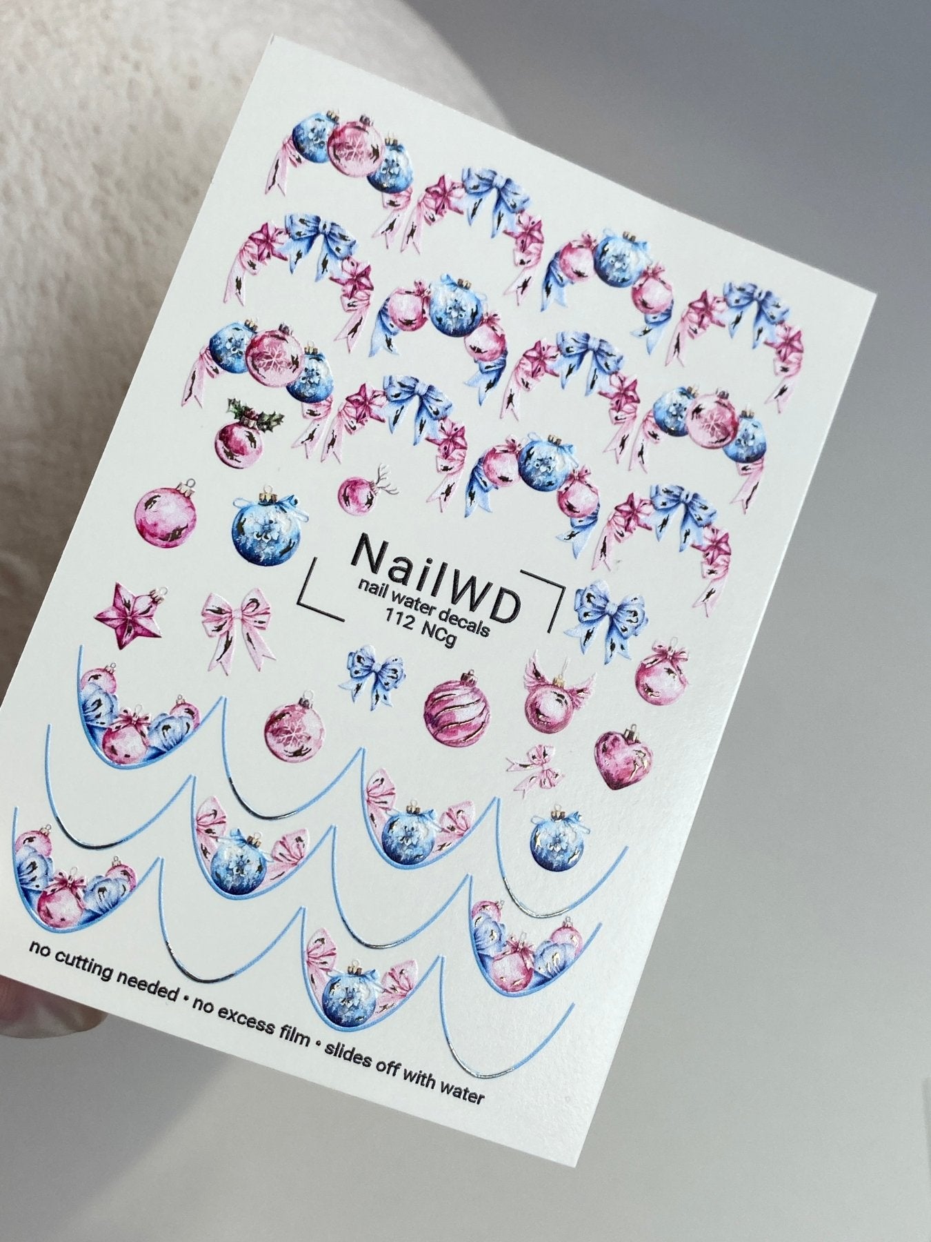 Nail Water Decal 112 NailWD | Water Slide Nail Decals Christmas Ornaments and Bows | Pastel Holiday Nail Art