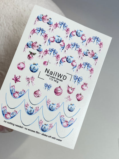Nail Water Decal 112 NailWD | Water Slide Nail Decals Christmas Ornaments and Bows | Pastel Holiday Nail Art