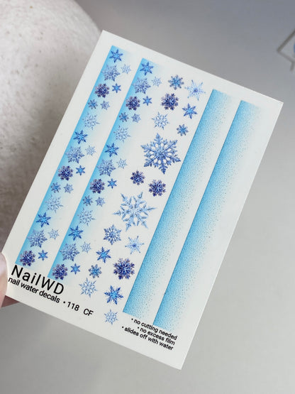 Nail Water Decal 118 NailWD | Water Slide Nail Decals Blue Ombre with Snowflakes | Winter Nail Art