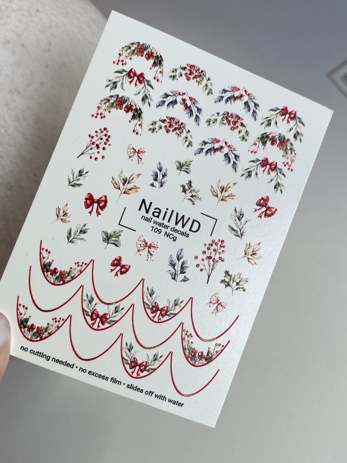 Nail Water Decal 109 NailWD | Nail Water Decals Christmas Berries | Festive Bows and Winter Nail Art