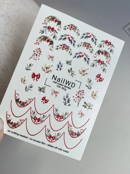 Nail Water Decal 109 NailWD | Nail Water Decals Christmas Berries | Festive Bows and Winter Nail Art