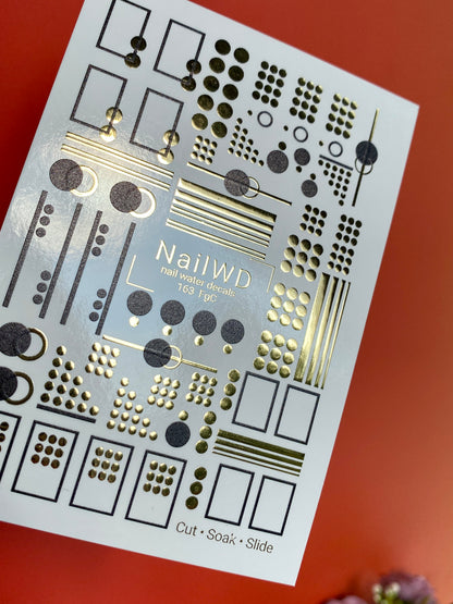 Nail Water Decal 163 Nail WD | Water Slide Nail Decals Geometric Dots and Lines in Gold and Black | Nail Water Decals Modern Abstract Design