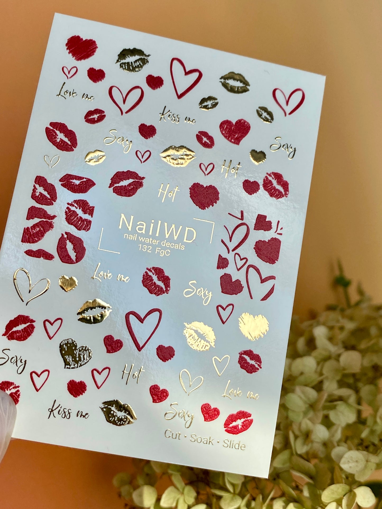 Nail Water Decal 132 NailWD | Water Slide Nail Decals Lips & Hearts | Romantic Kiss Design