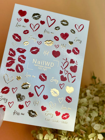 Nail Water Decal 132 NailWD | Water Slide Nail Decals Lips & Hearts | Romantic Kiss Design