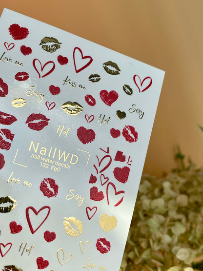 Nail Water Decal 132 NailWD | Water Slide Nail Decals Lips & Hearts | Romantic Kiss Design