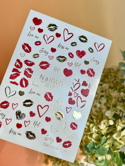 Nail Water Decal 132 NailWD | Water Slide Nail Decals Lips & Hearts | Romantic Kiss Design