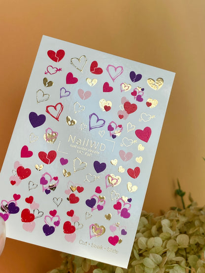 Nail Water Decal 152 Nail WD | Water Slide Nail Decals Colorful Hearts & Gold | Romantic Nail Water Decals