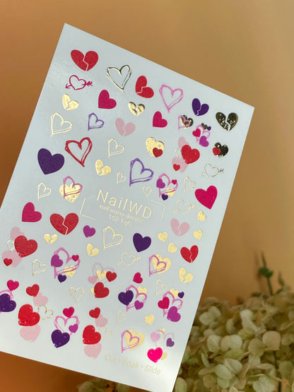 Nail Water Decal 152 Nail WD | Water Slide Nail Decals Colorful Hearts & Gold | Romantic Nail Water Decals