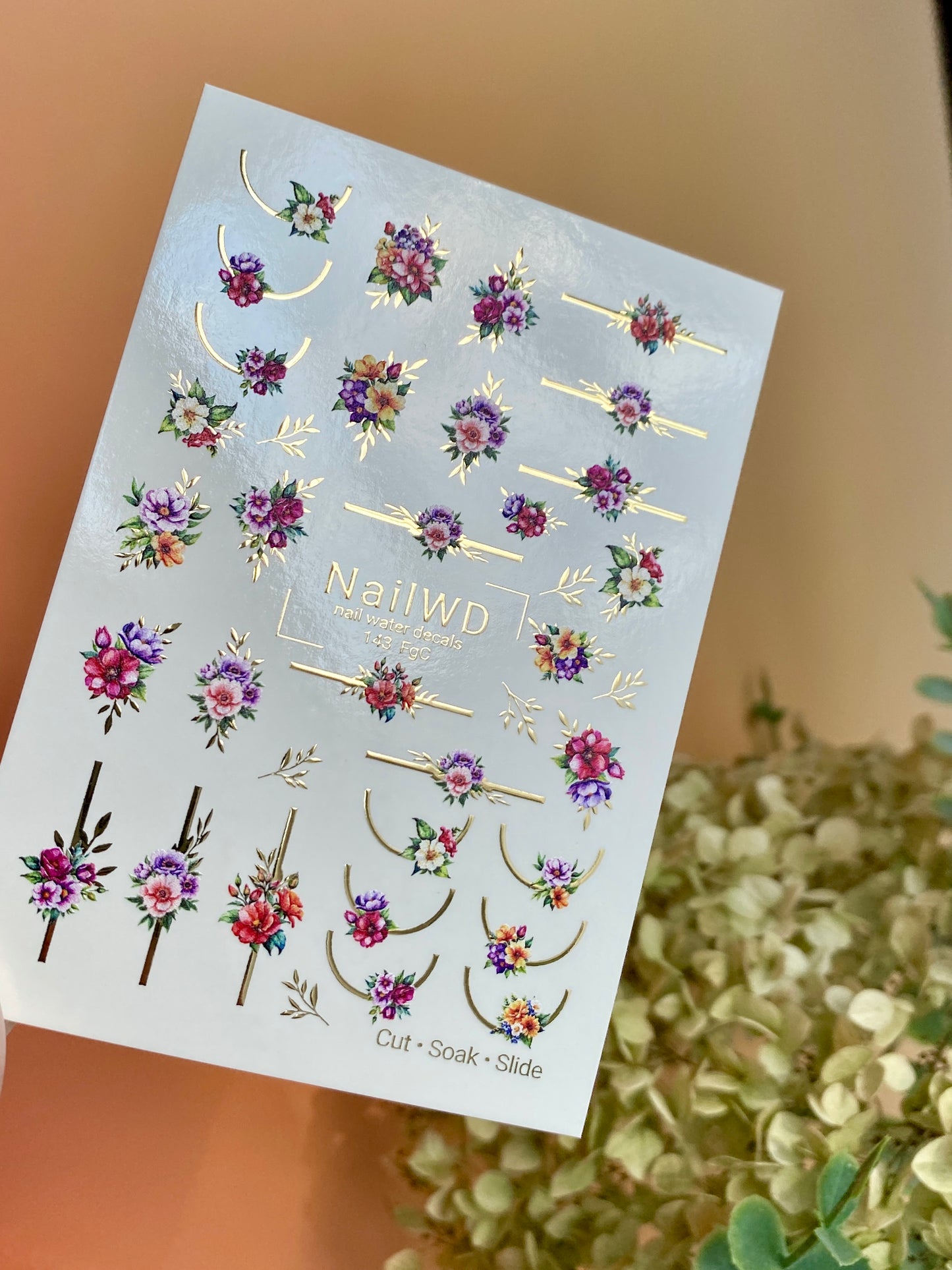 Nail Water Decal 143 NailWD | Water Slide Nail Decals Colorful Flowers | Floral French with Gold Accents