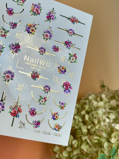 Nail Water Decal 143 NailWD | Water Slide Nail Decals Colorful Flowers | Floral French with Gold Accents