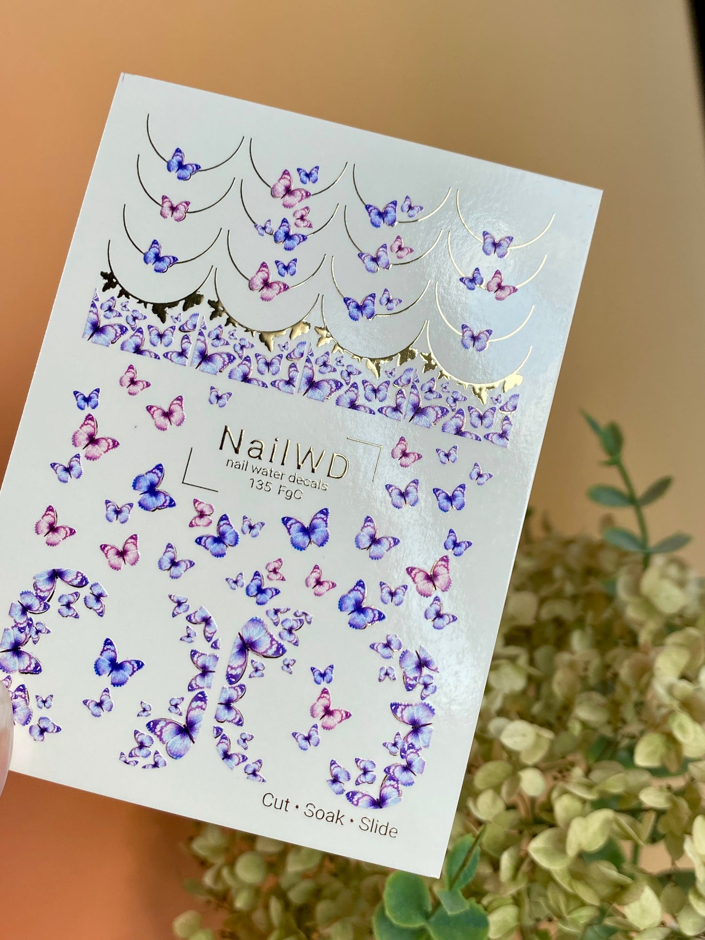 Nail Water Decal 135 NailWD | Water Slide Nail Decals Butterflies French | Purple & Pink Wings Design