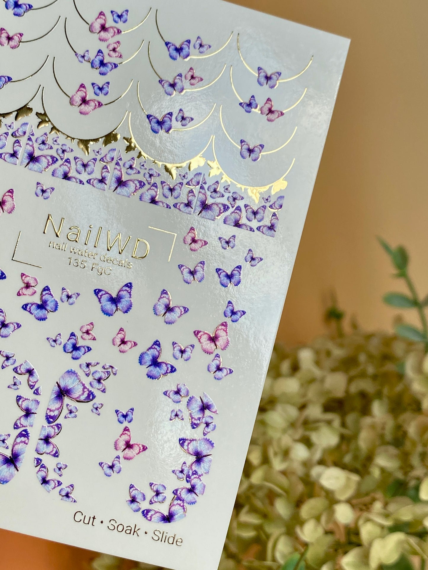 Nail Water Decal 135 NailWD | Water Slide Nail Decals Butterflies French | Purple & Pink Wings Design