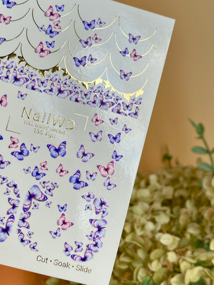 Nail Water Decal 135 NailWD | Water Slide Nail Decals Butterflies French | Purple & Pink Wings Design